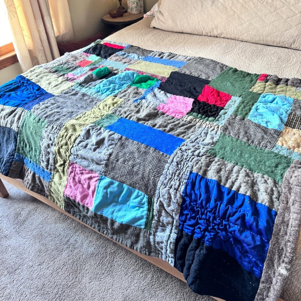 Patchwork Quilt Unique Vintage Handmade Blanket‎ Cozy Bohemian Eclectic Colorful - Picture 3 of 15